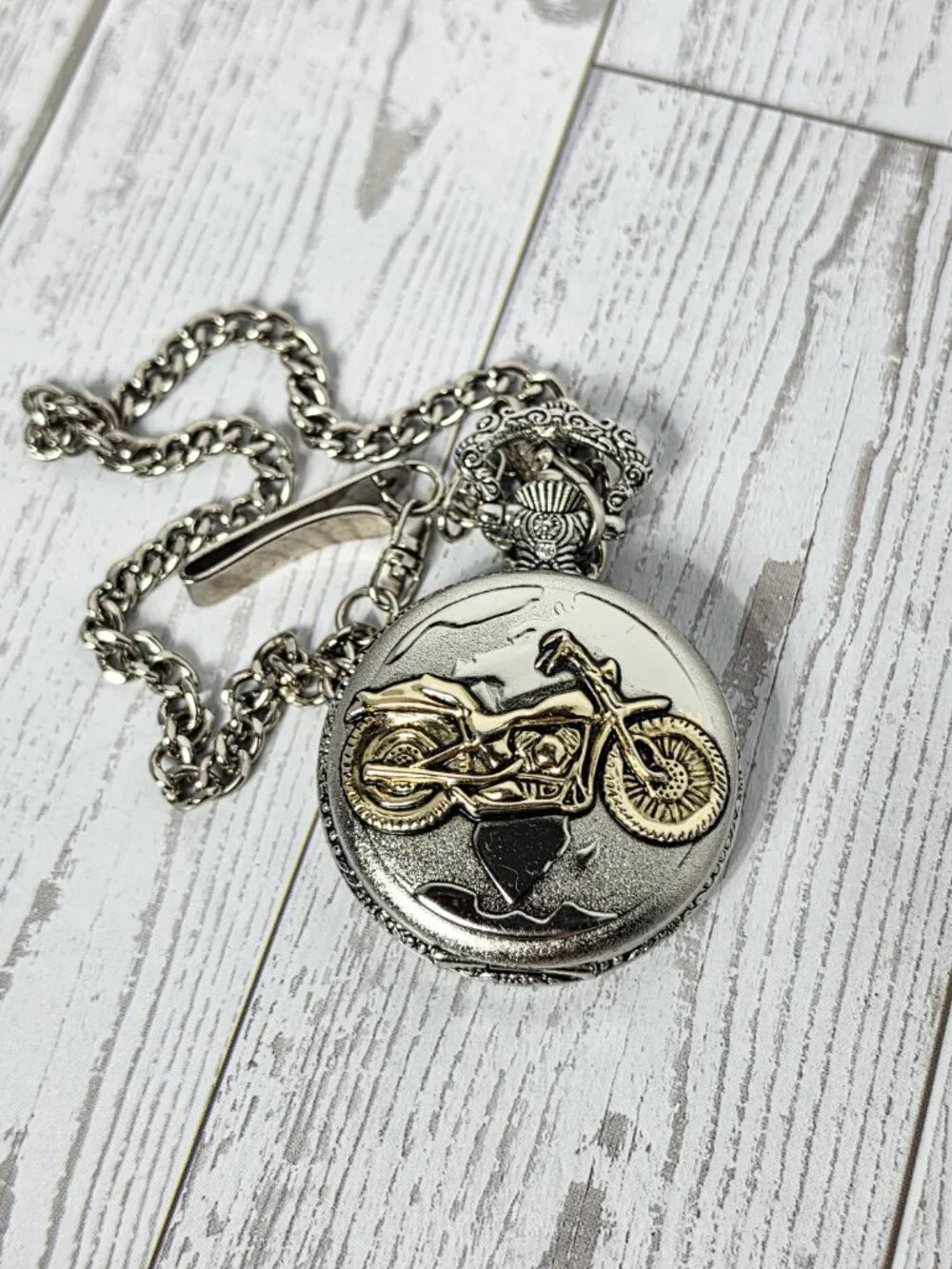 Vintage style Silver Tone Motorcycle Pocket watch Quartz Biker Chain Fob